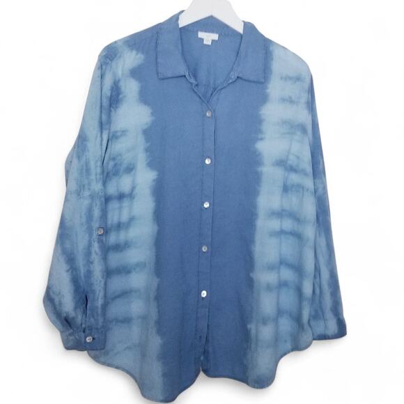 J Jill Linen Blend Tie Dye Blue Roll-Tab Sleeve Button Up Shirt - Size XL - Picture 1 of 10